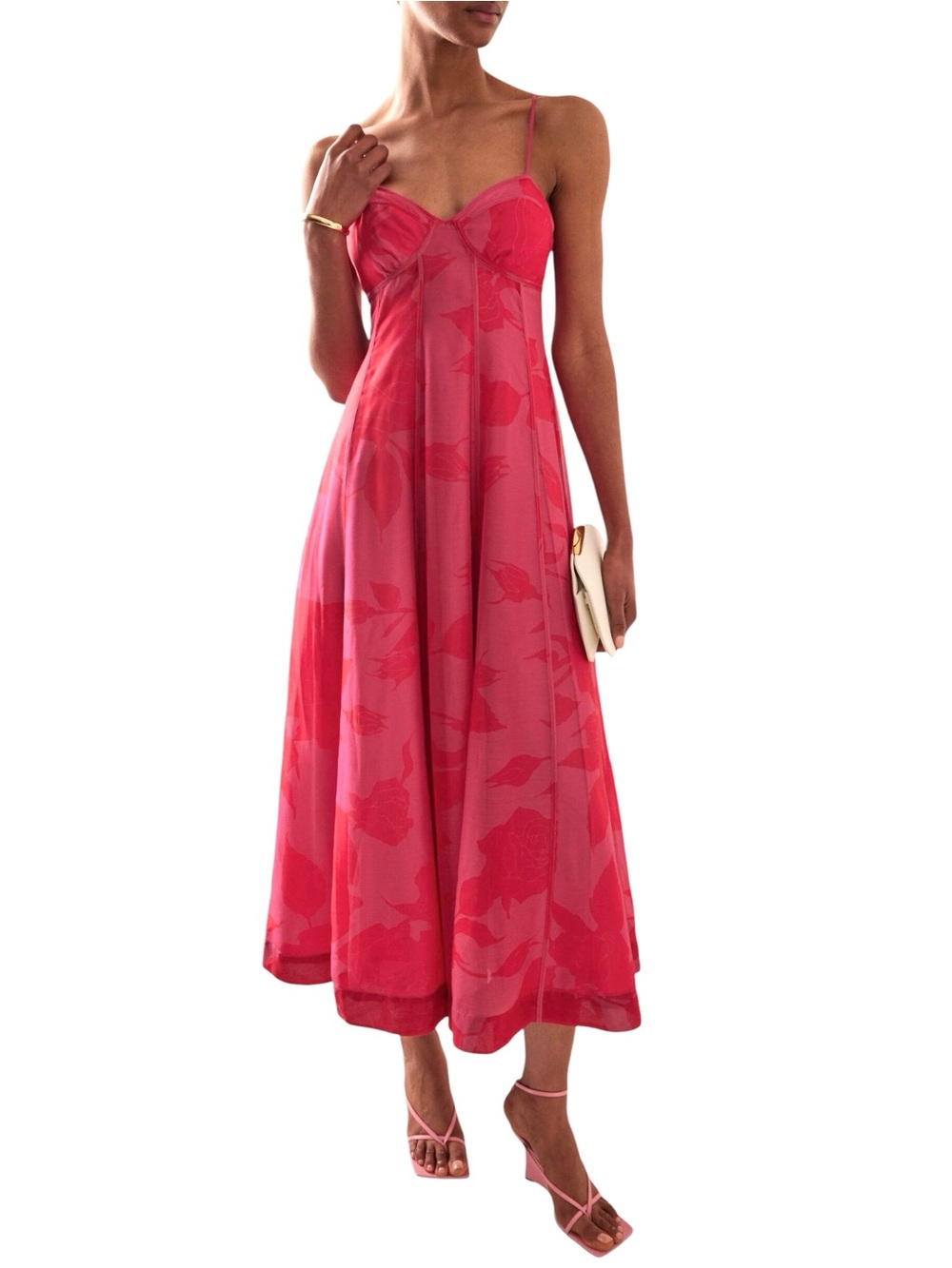 NWOT AJE Sway Paneled Red & Pink Fluorescent Rose Spaghetti Strap Midi Dress